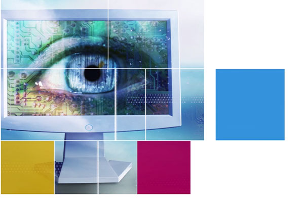 eye in a computer monitor with cyan, magenta, and yellow squares around it