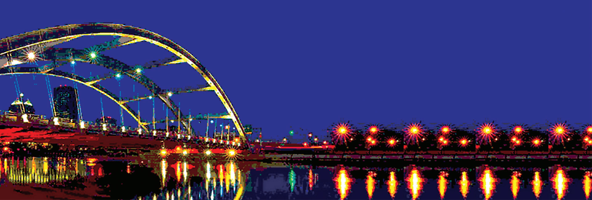 Colorful digital artwork of a night scene featuring a lit-up bridge over a river, reflecting vibrant lights on the water, with a city skyline in the background against a dark blue sky